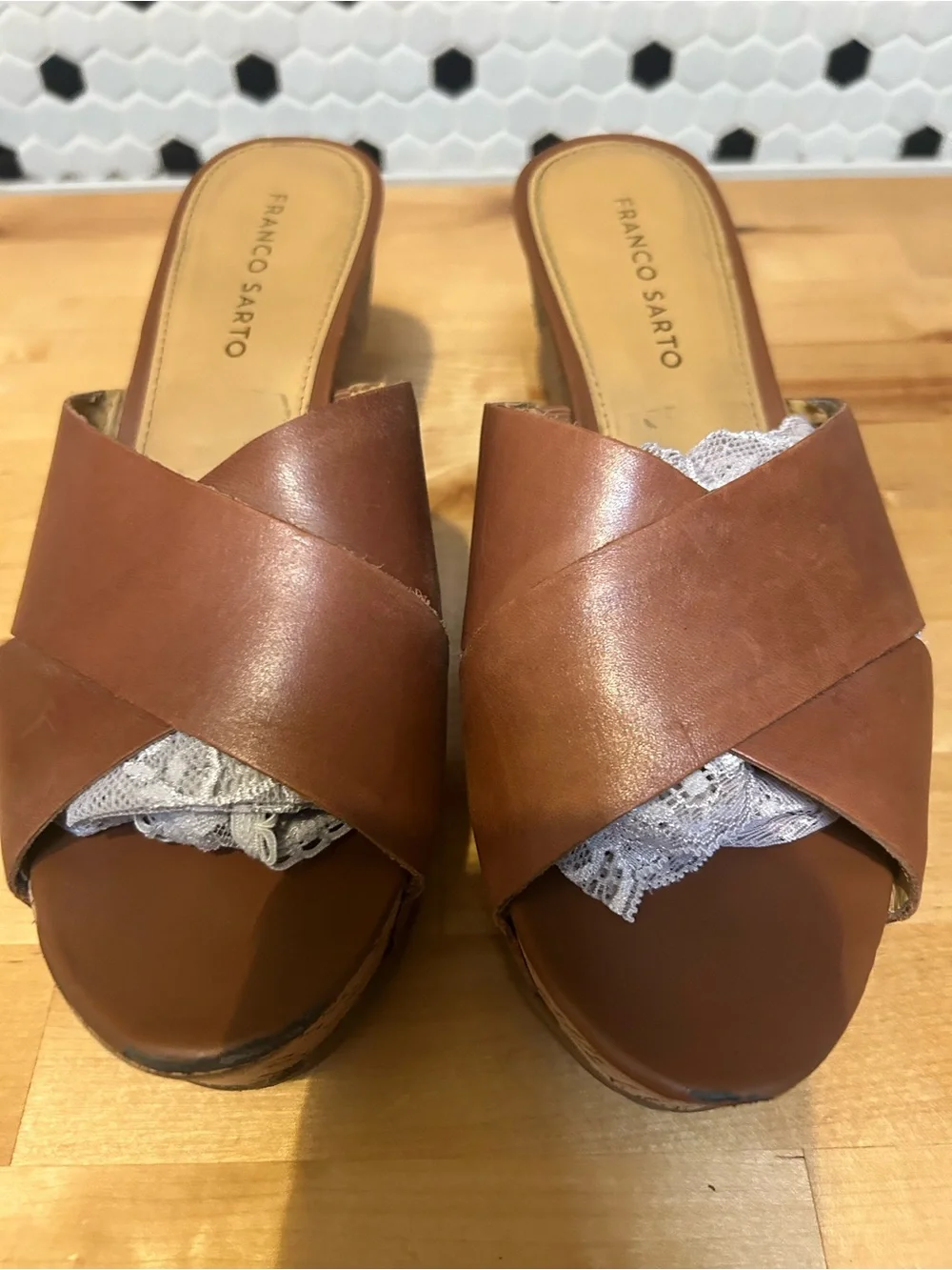Franco Sarto Brown Leather Cork Wedge Sandals